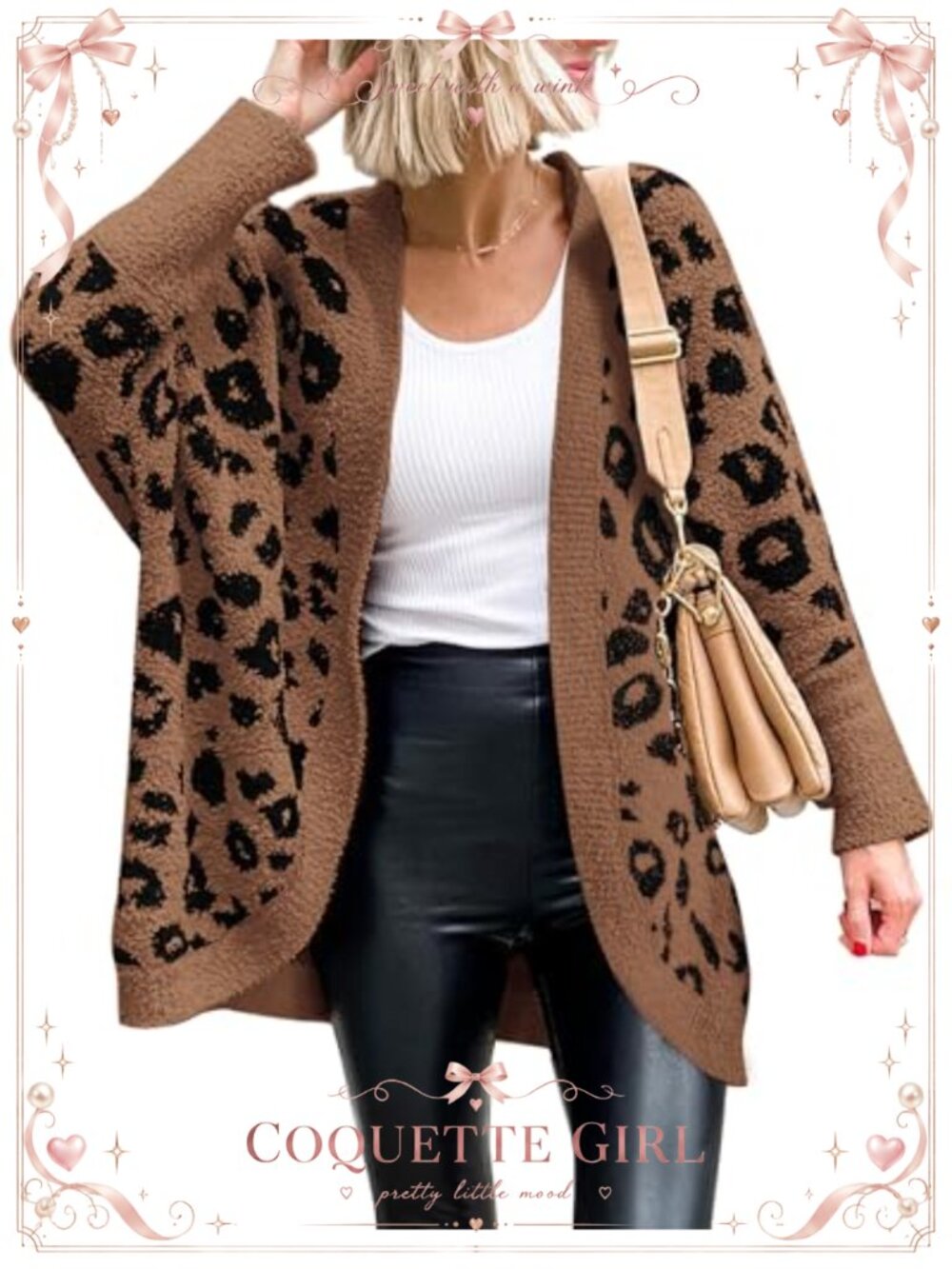 Leopard Print Batwing Long Sleeve Loose Knit Cardigan Sweater